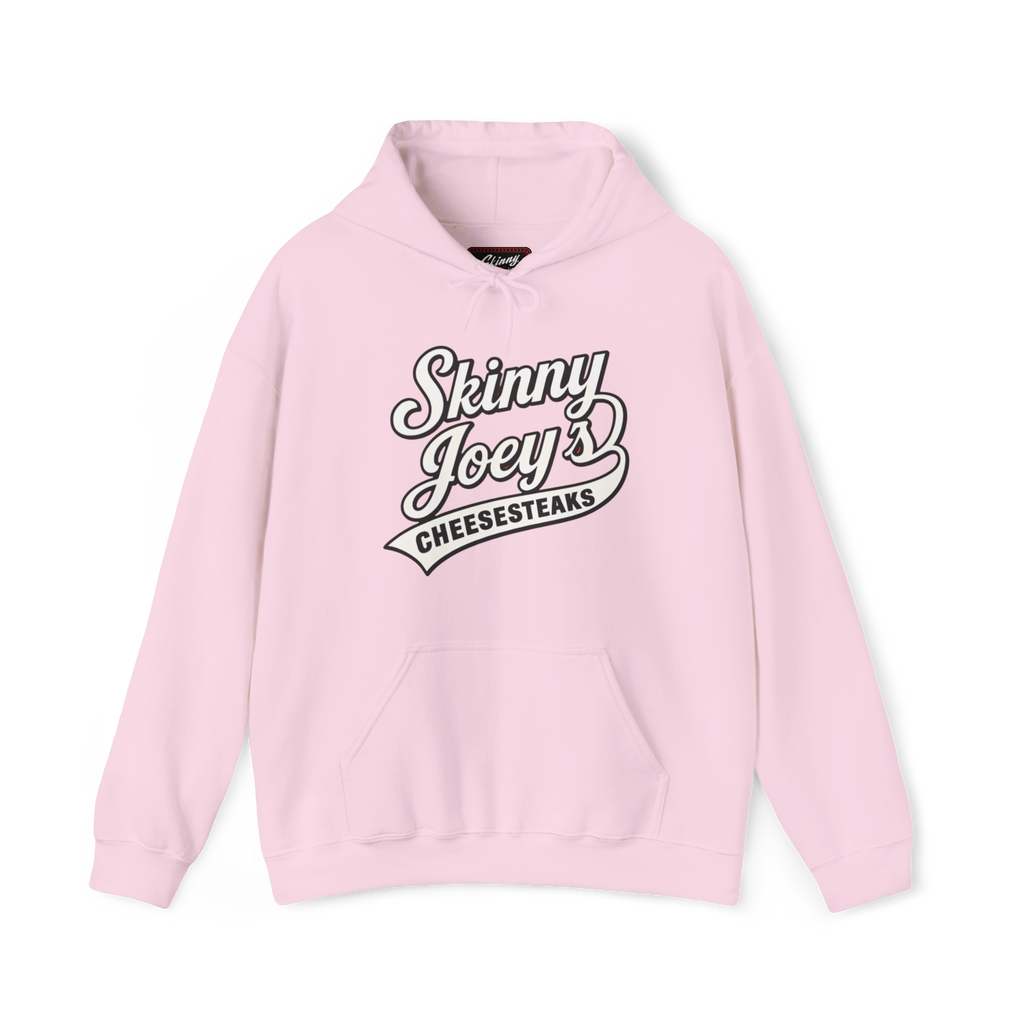 Pink hoodie with 'Skinny Joey's Cheesesteaks' text on a white background