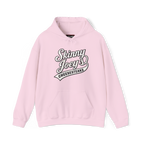 Pink hoodie with 'Skinny Joey's Cheesesteaks' text on a white background