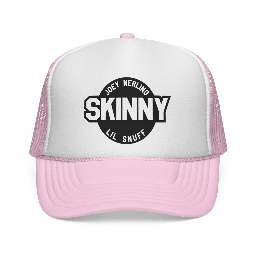 Pink and white trucker hat with 'Skinny' logo on a white background