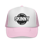 Pink and white trucker hat with 'Skinny' logo on a white background