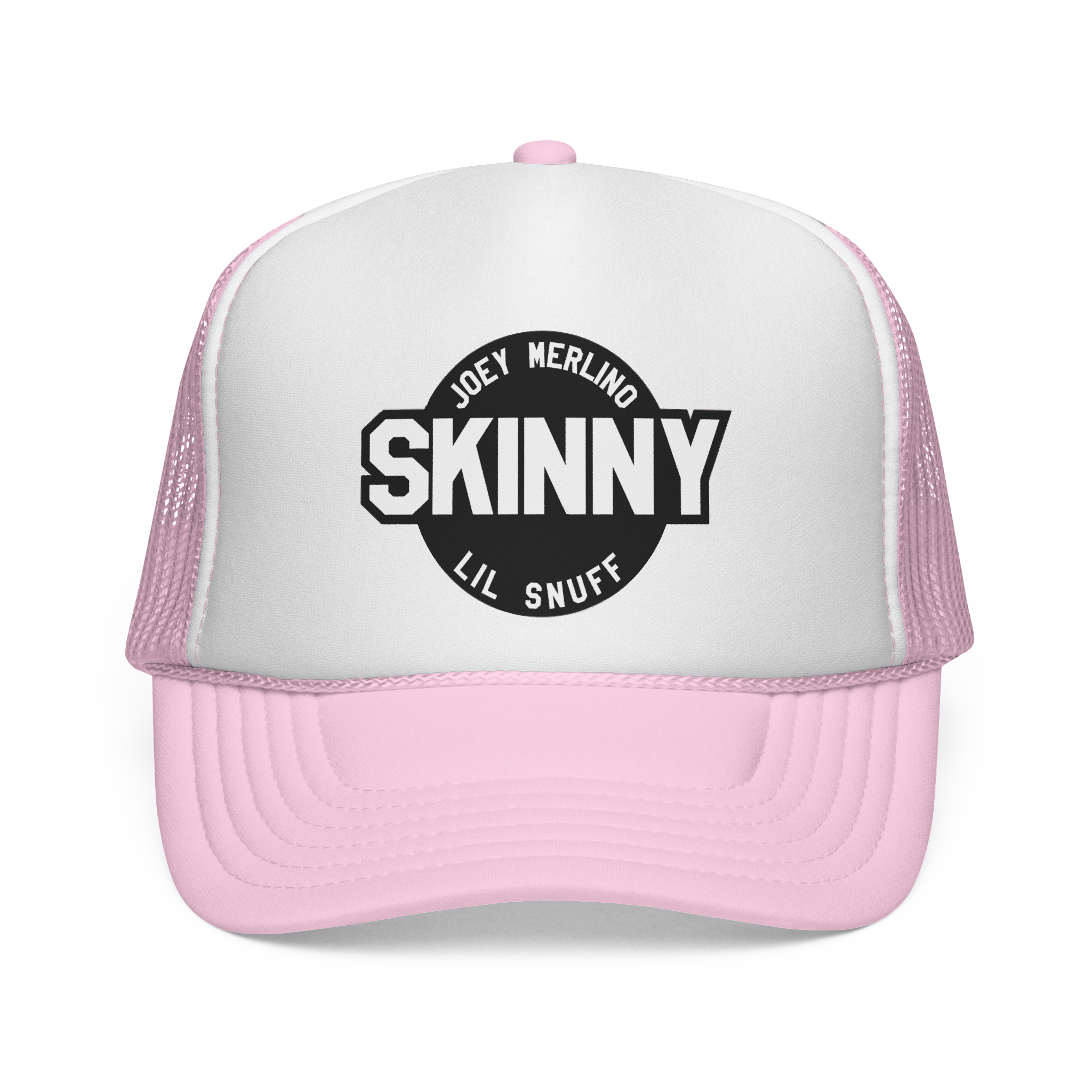 Pink and white trucker hat with 'Skinny' logo on a white background