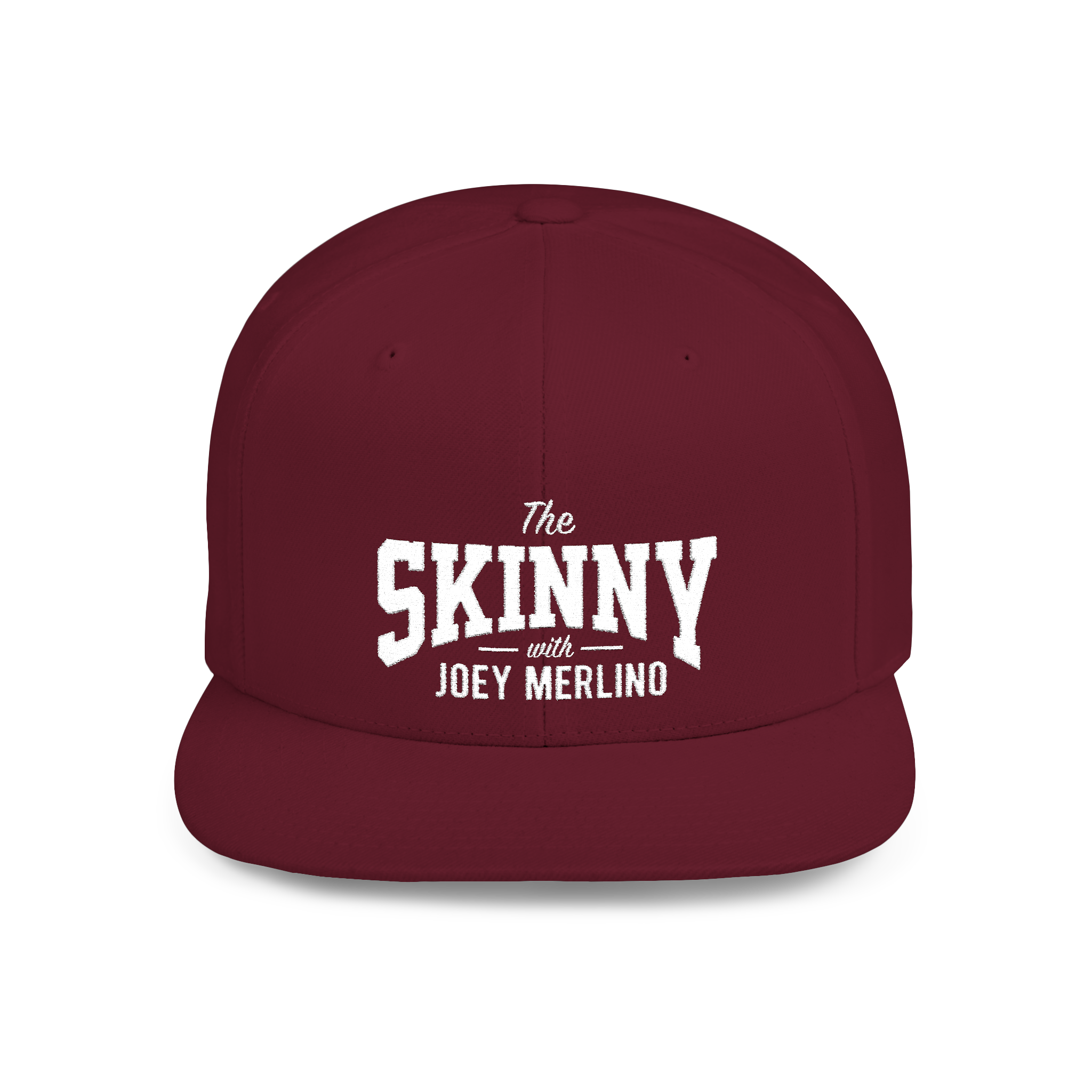 Maroon cap with 'The Skinny with Joey Merlino' text on a white background