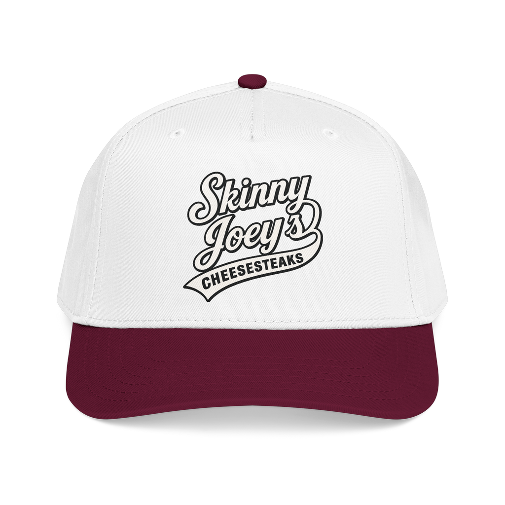 White and maroon cap with 'Skinny Joey's Cheesesteaks' text on a white background