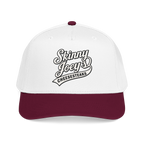 White and maroon cap with 'Skinny Joey's Cheesesteaks' text on a white background