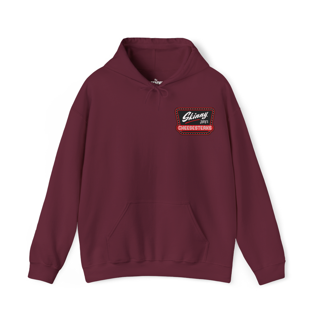 Maroon hoodie with a logo on the chest against a white background