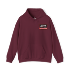 Maroon hoodie with a logo on the chest against a white background