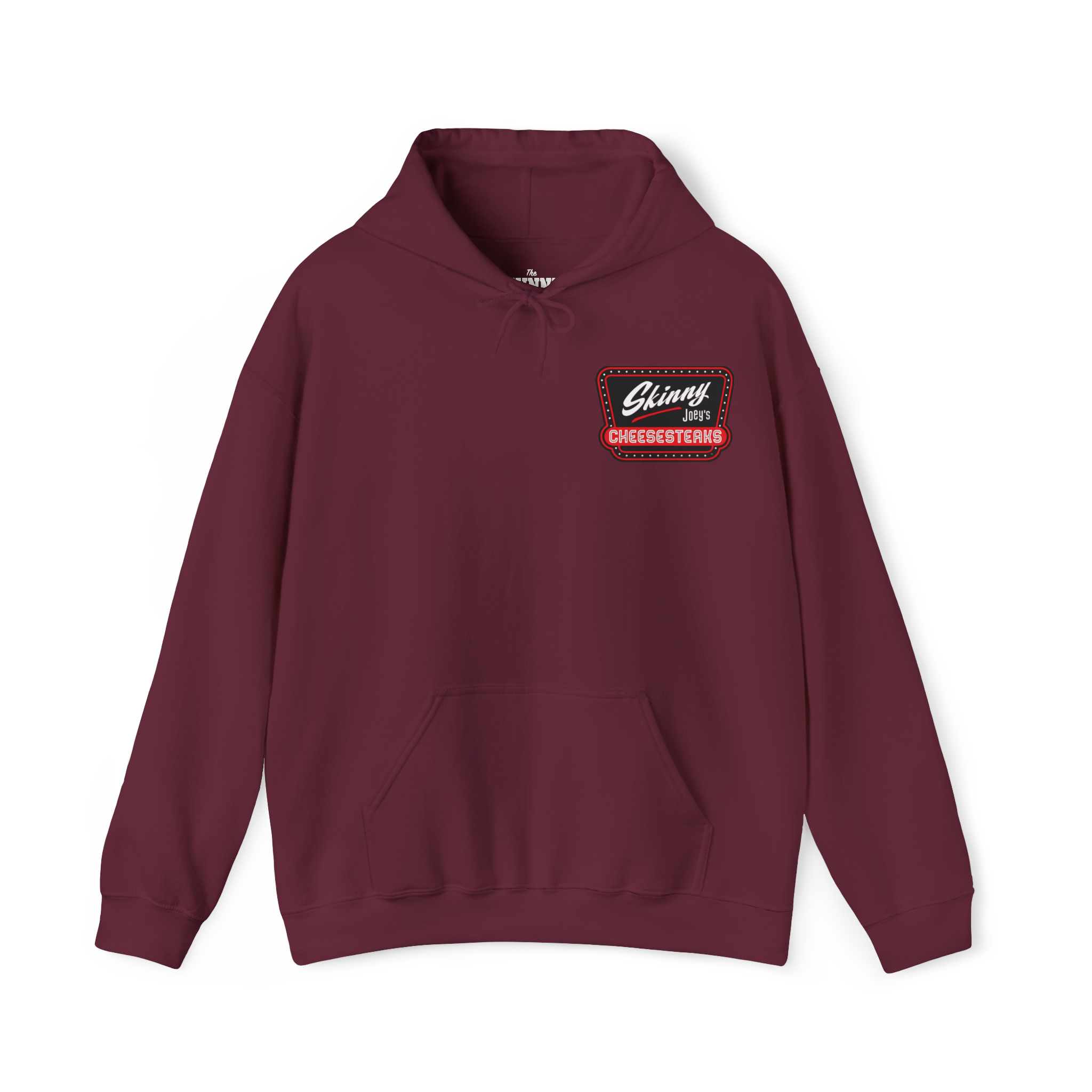 Maroon hoodie with a logo on the chest against a white background