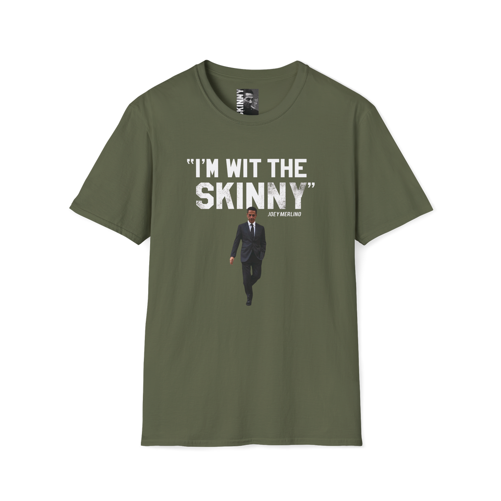 Green t-shirt with text and a graphic of a man in a suit on a white background