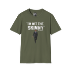 Green t-shirt with text and a graphic of a man in a suit on a white background