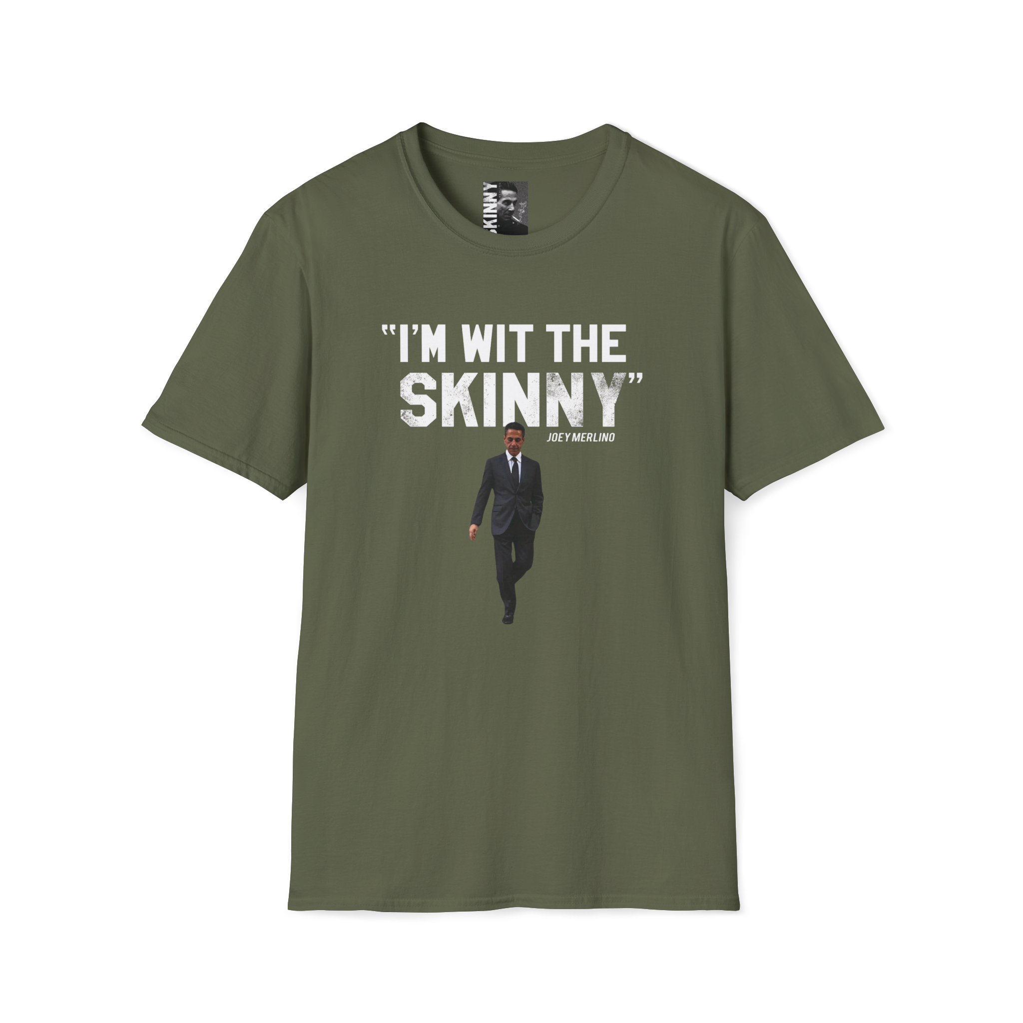 Green t-shirt with text and a graphic of a man in a suit on a white background