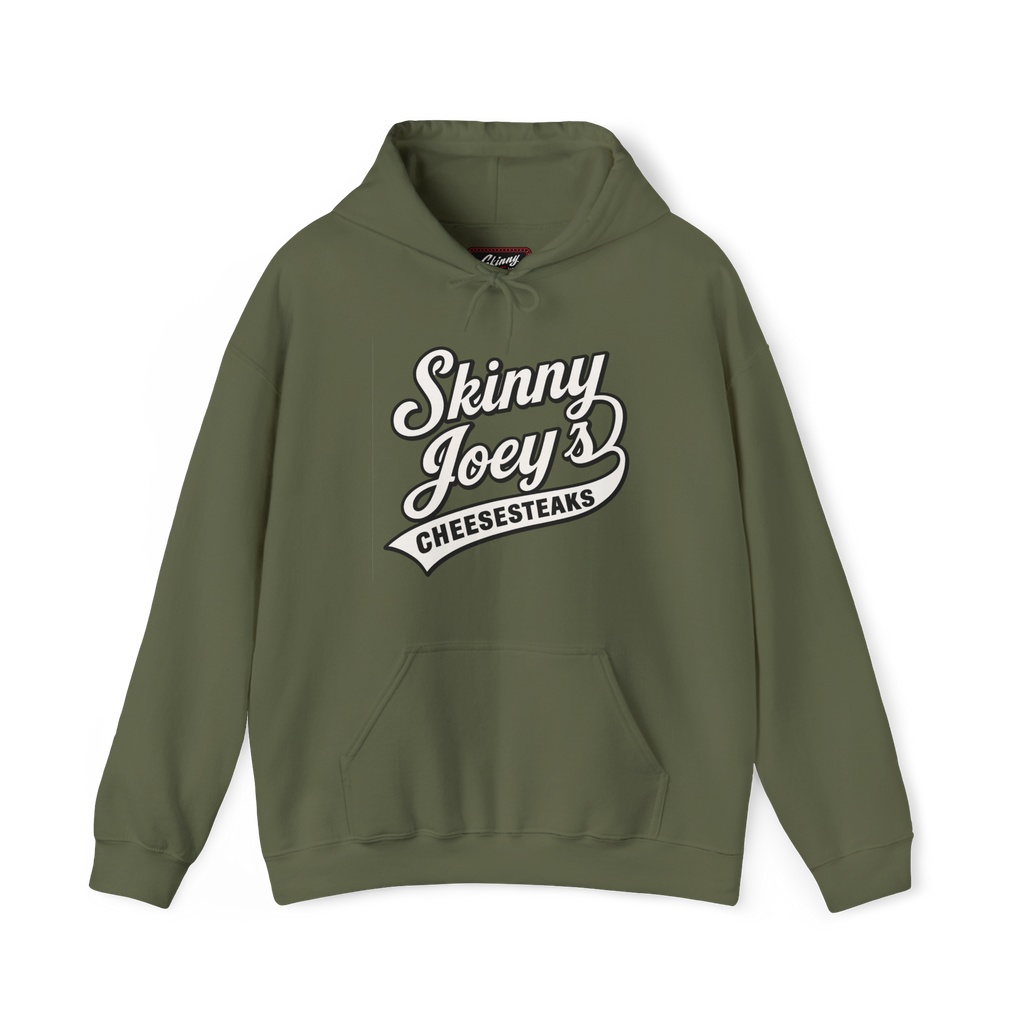 Green hoodie with 'Skinny Joey's Cheesesteaks' text on a white background