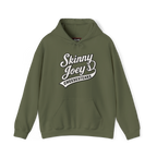 Green hoodie with 'Skinny Joey's Cheesesteaks' text on a white background