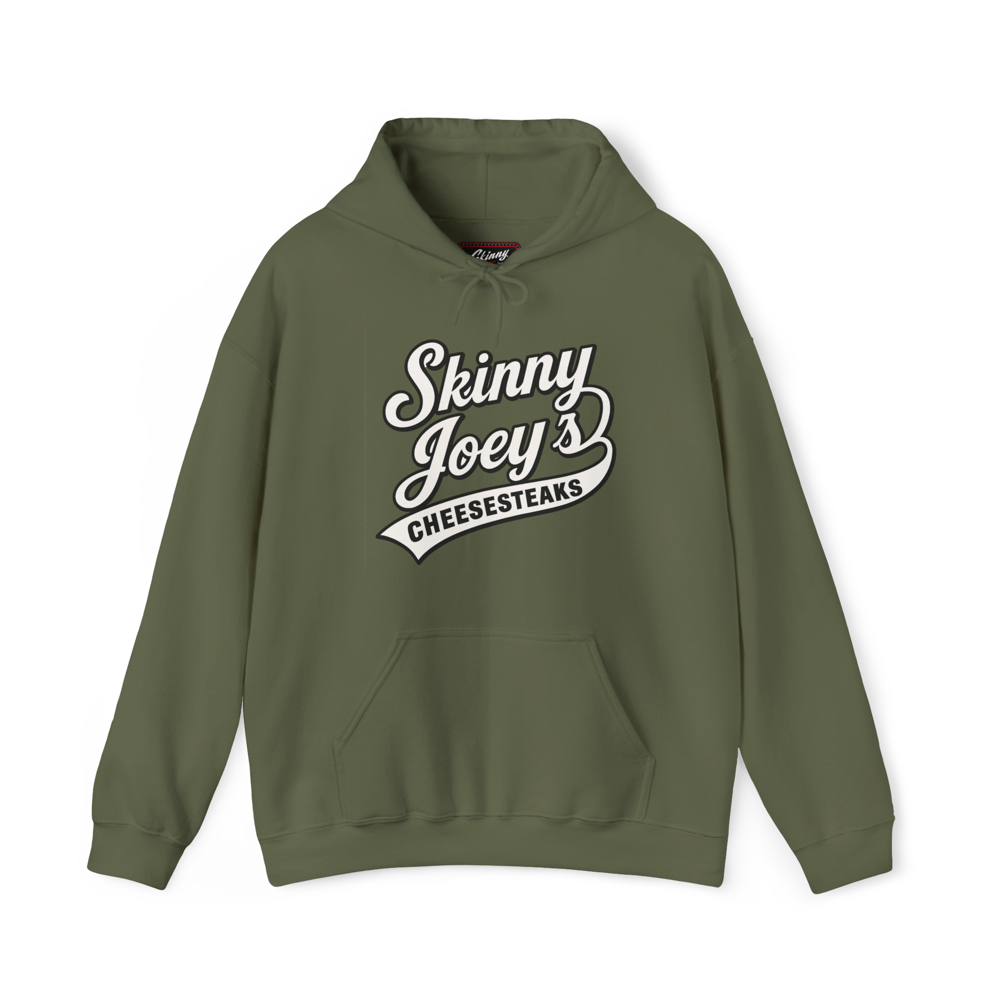Green hoodie with 'Skinny Joey's Cheesesteaks' text on a white background