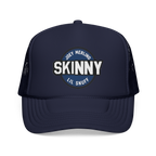 Navy blue trucker hat with 'Skinny Lil Snuff' logo on a white background