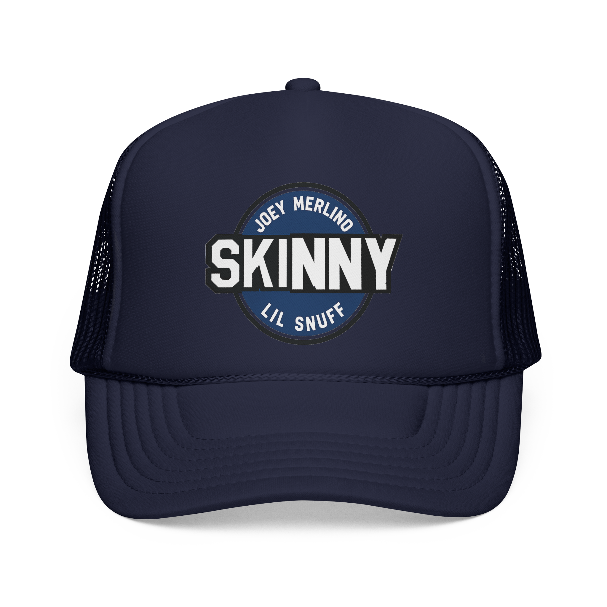 Navy blue trucker hat with 'Skinny Lil Snuff' logo on a white background