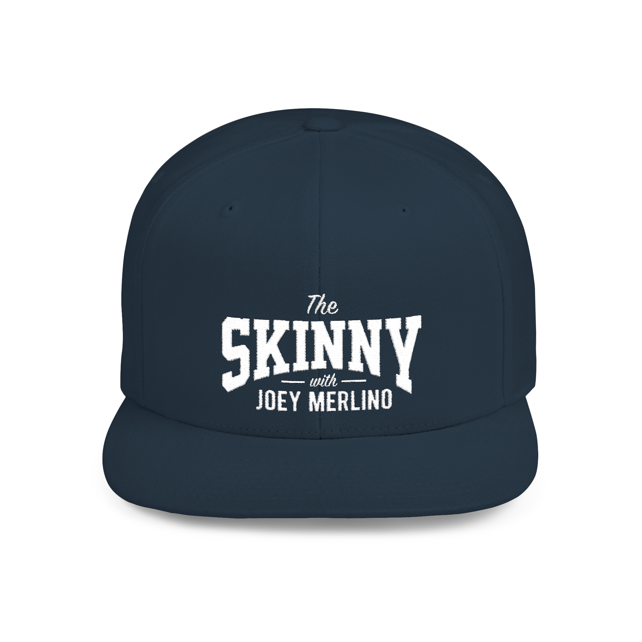Navy blue cap with 'The Skinny with Joey Merlino' text on a white background