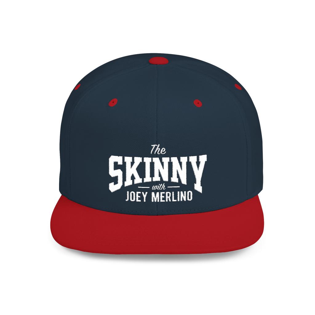 Navy and red cap with 'The Skinny with Joey Merlino' text on a white background