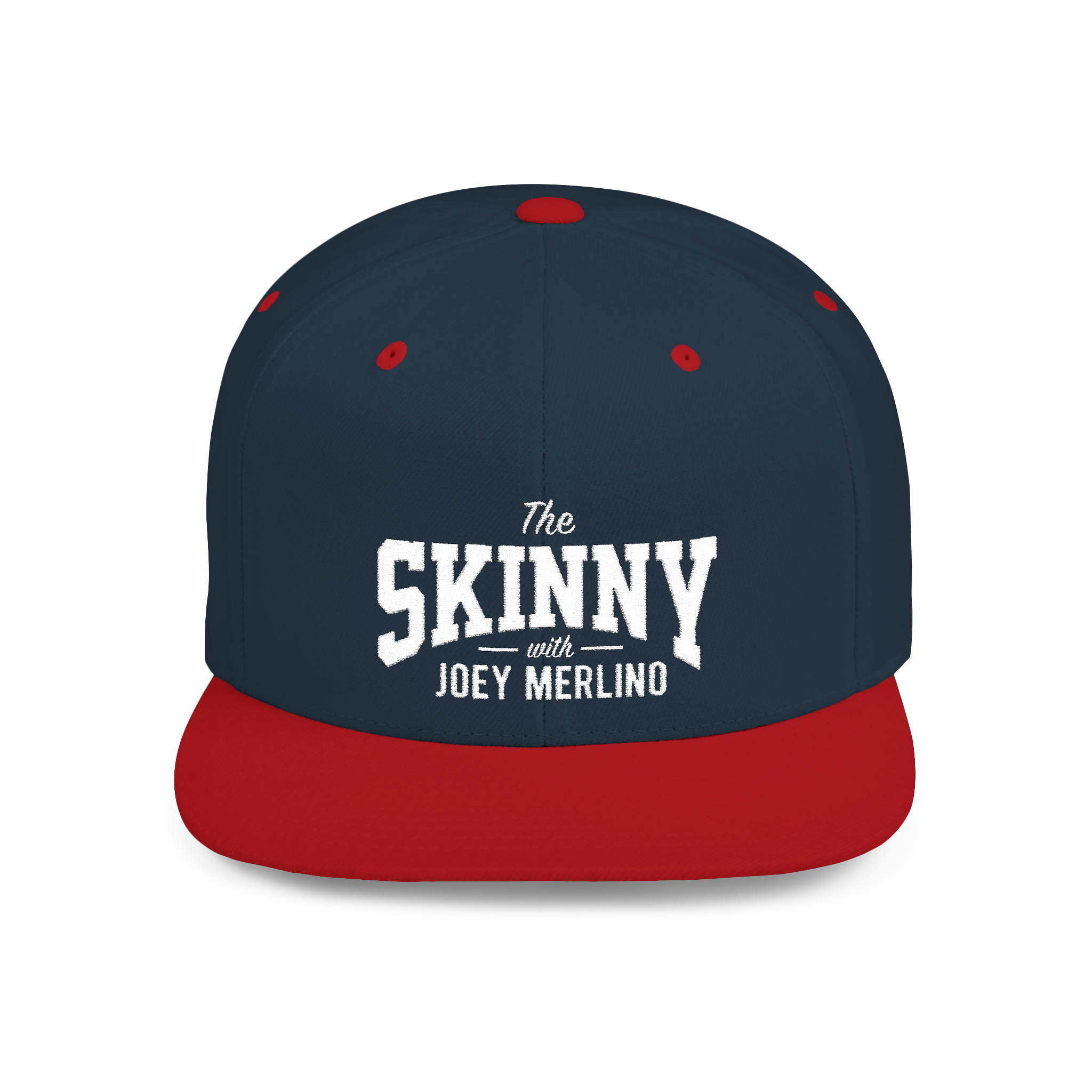 Navy and red cap with 'The Skinny with Joey Merlino' text on a white background