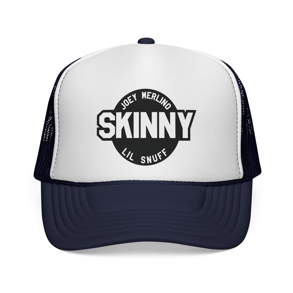 White and navy trucker hat with 'Skinny' logo on a white background