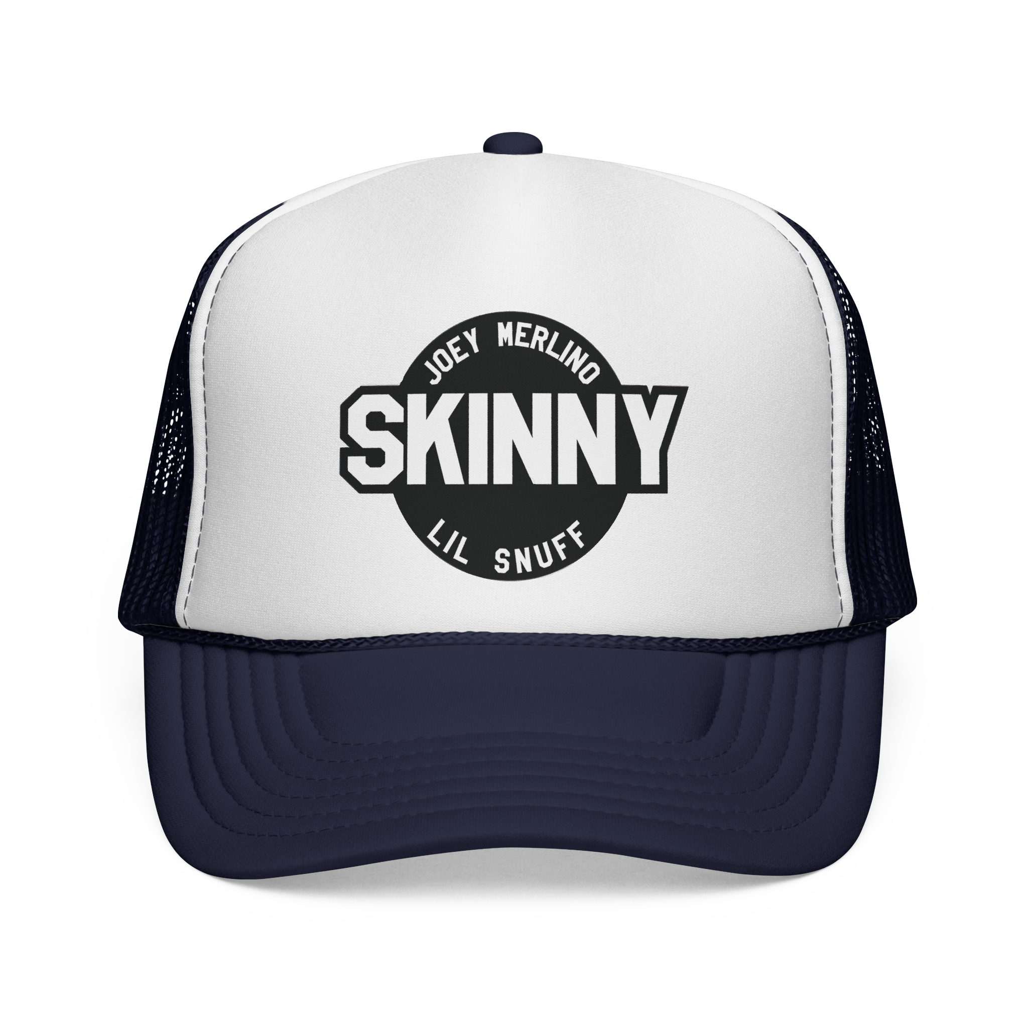 White and navy trucker hat with 'Skinny' logo on a white background