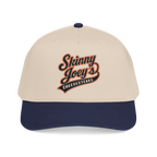 Beige and navy cap with 'Skinny Joey's Cheesesteaks' logo on a white background