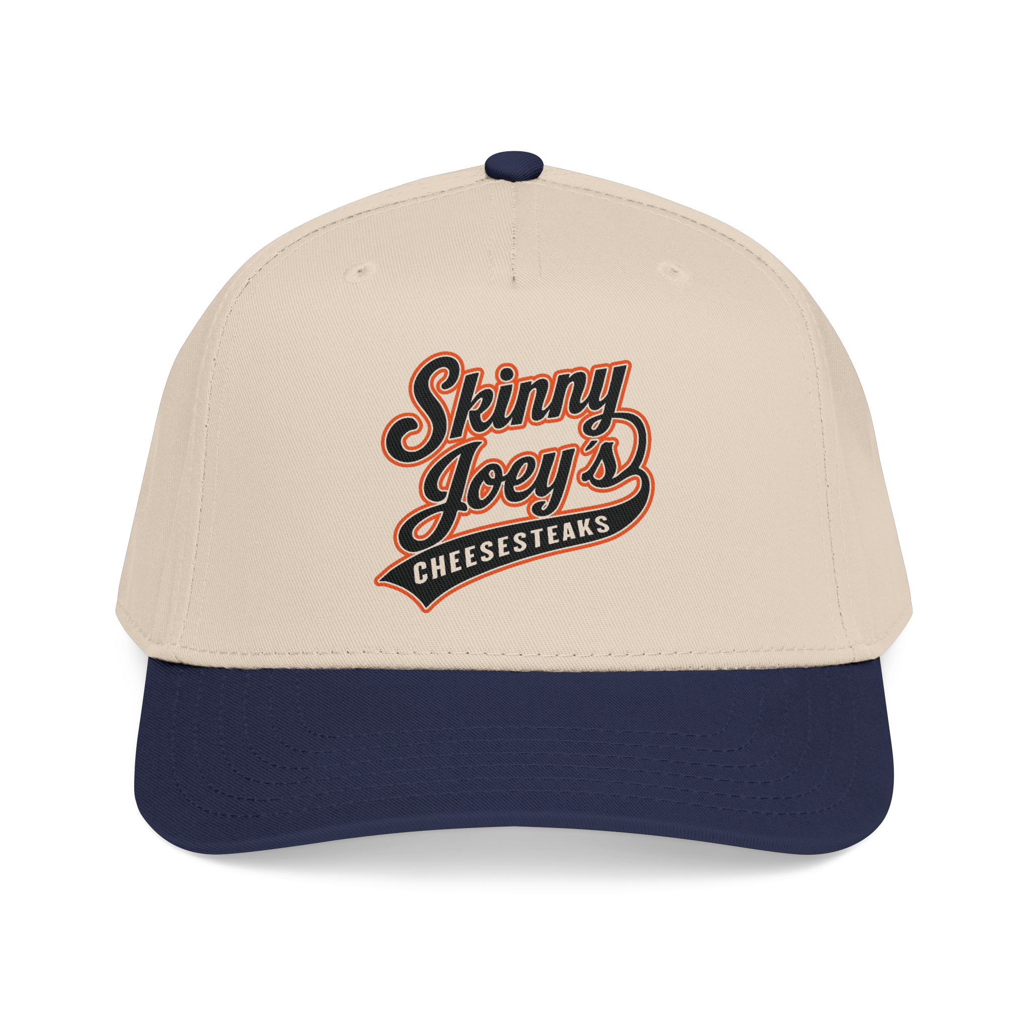 Beige and navy cap with 'Skinny Joey's Cheesesteaks' logo on a white background