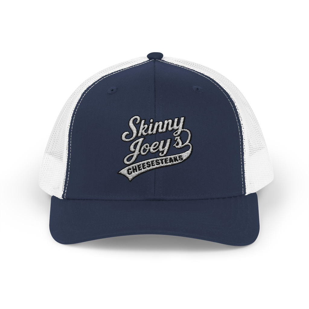 Navy and white cap with 'Skinny Joey's Cheesesteaks' logo on a white background