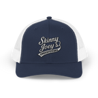 Navy and white cap with 'Skinny Joey's Cheesesteaks' logo on a white background