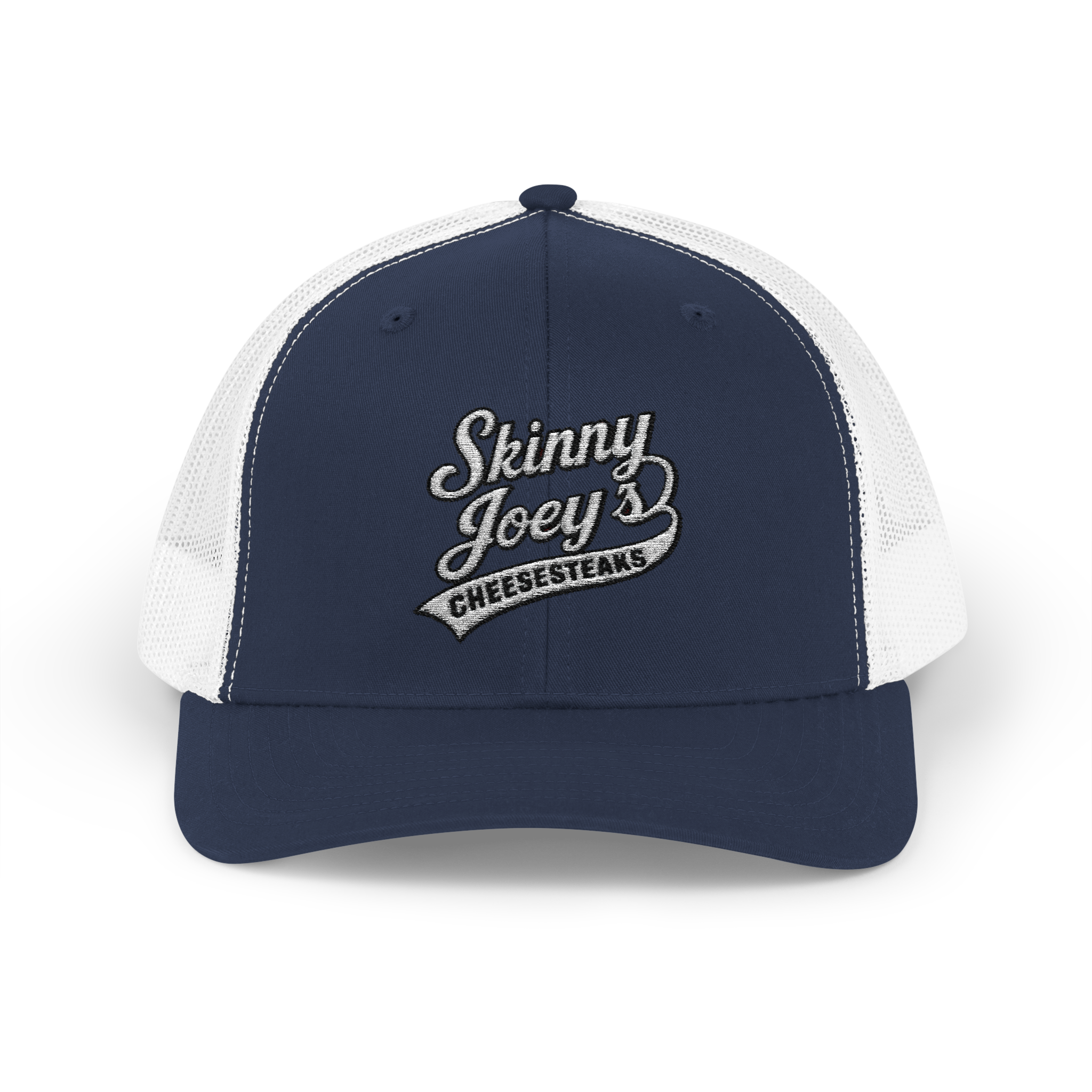 Navy and white cap with 'Skinny Joey's Cheesesteaks' logo on a white background