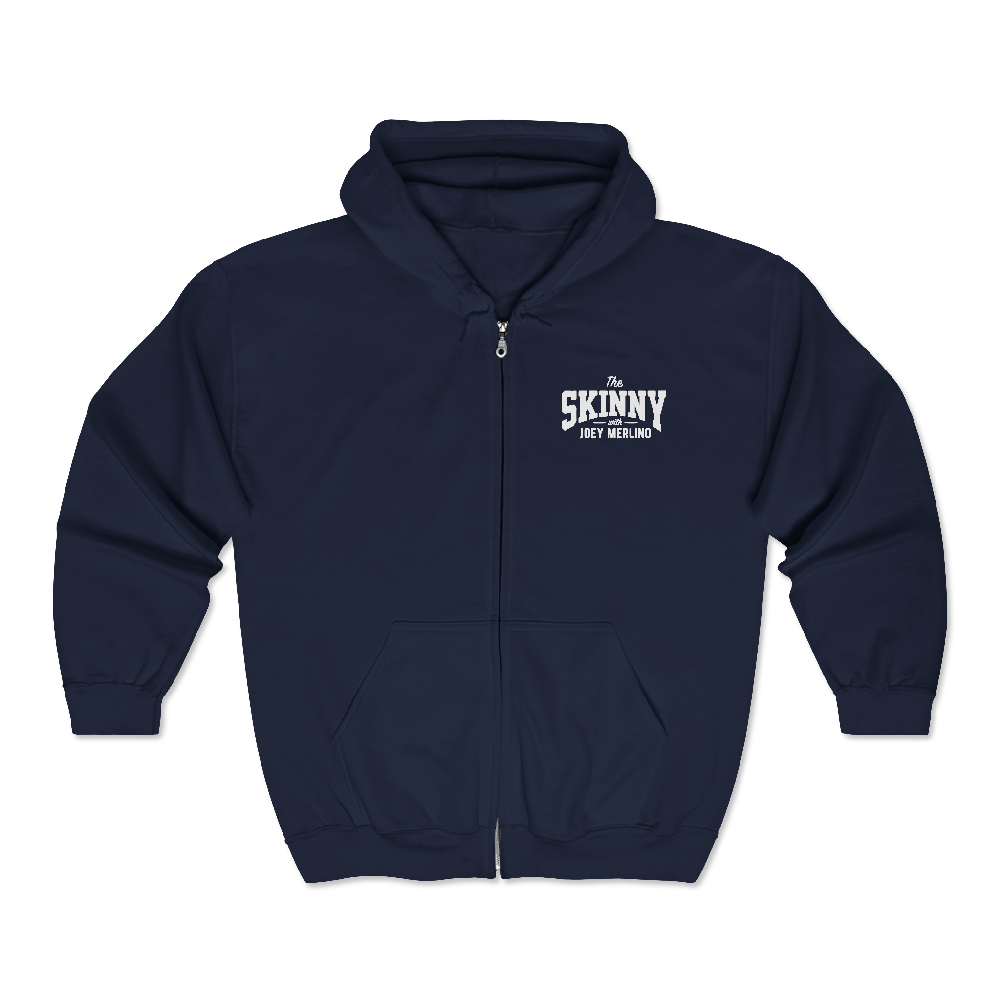 Navy blue hoodie with 'The Skinny' text on a white background