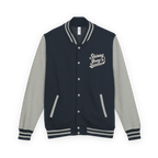 Navy and gray varsity jacket with 'Skinny Joey' logo on a white background