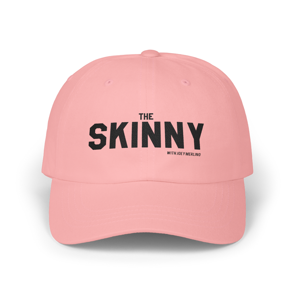 Pink cap with 'The Skinny' text on a white background