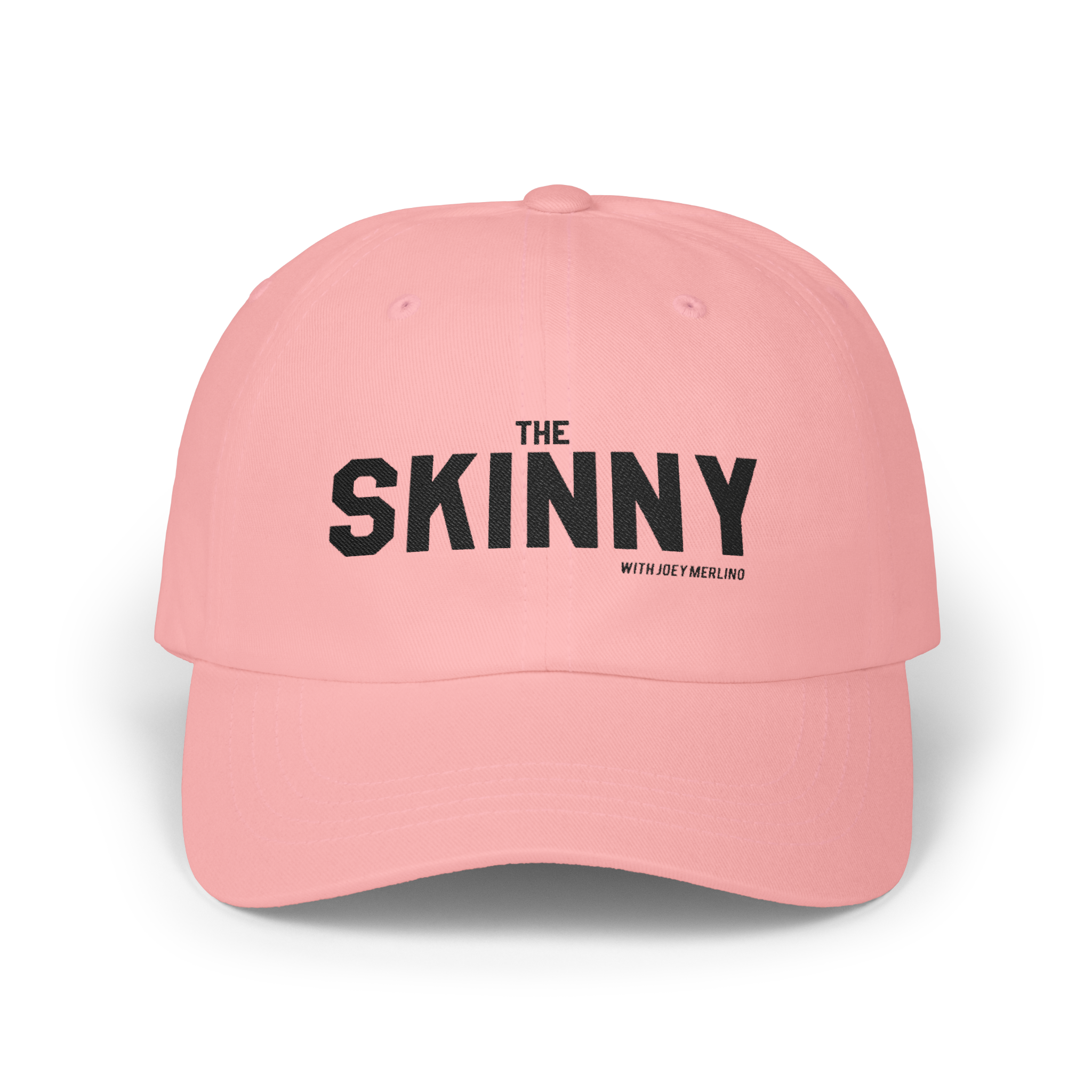 Pink cap with 'The Skinny' text on a white background