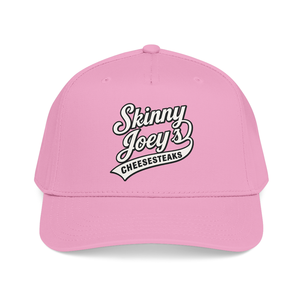 Pink cap with 'Skinny Joey's Cheesesteaks' text on a white background