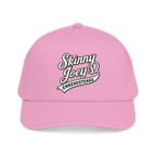 Pink cap with 'Skinny Joey's Cheesesteaks' text on a white background