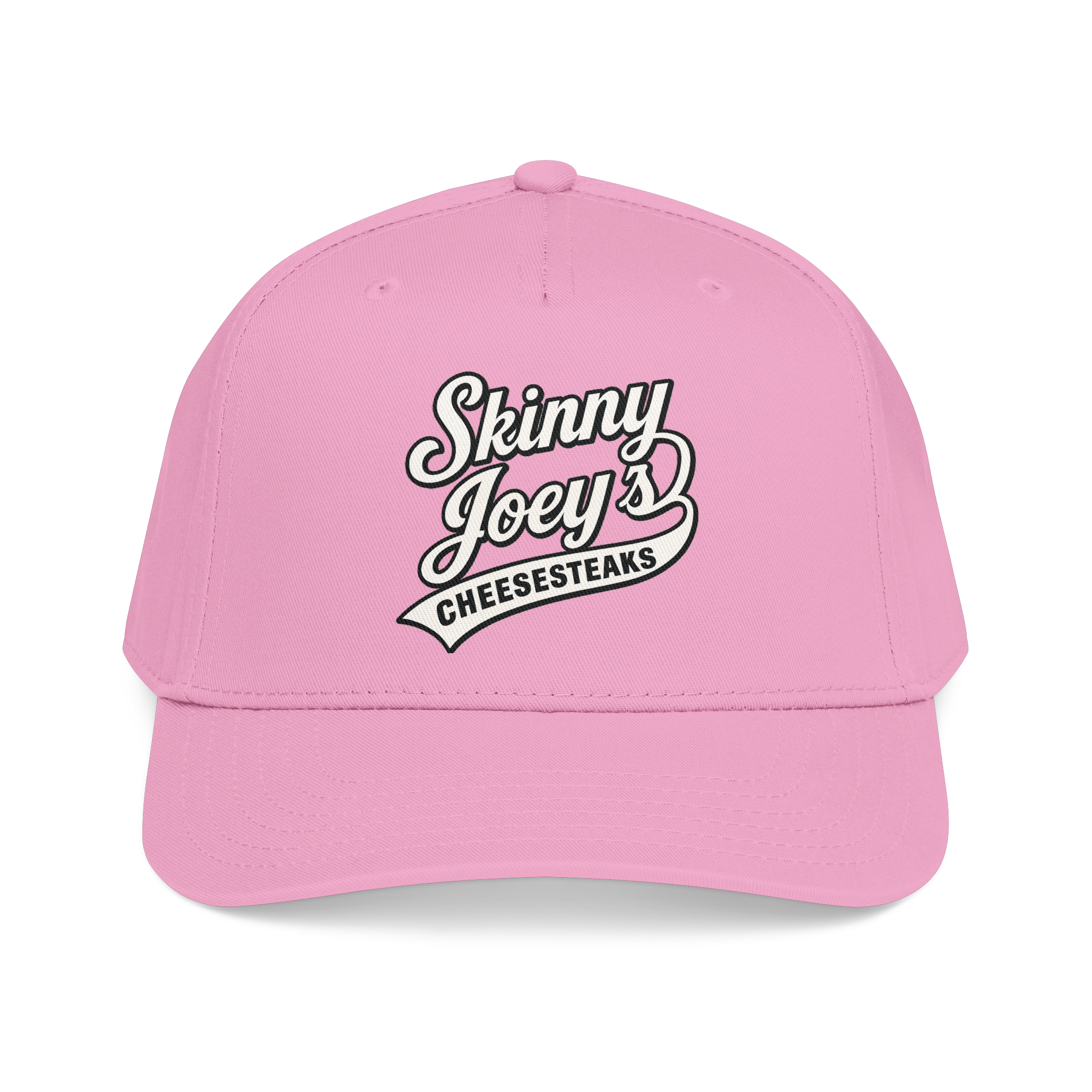 Pink cap with 'Skinny Joey's Cheesesteaks' text on a white background