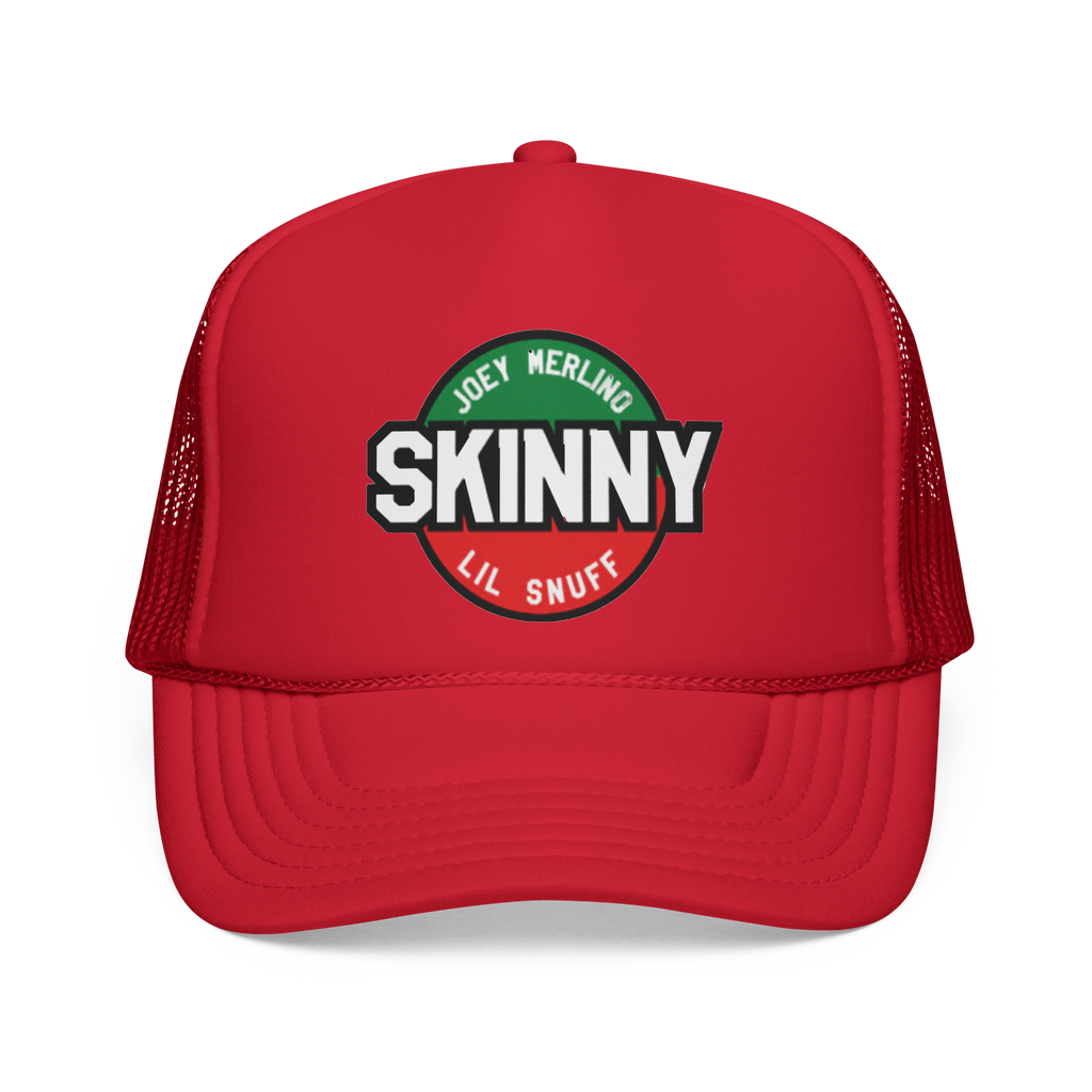 Red trucker hat with 'Skinny' logo on a white background