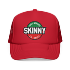 Red trucker hat with 'Skinny' logo on a white background