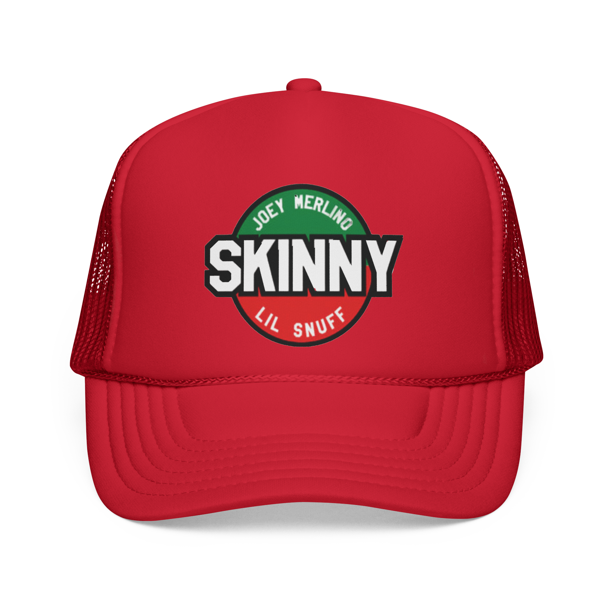 Red trucker hat with 'Skinny' logo on a white background