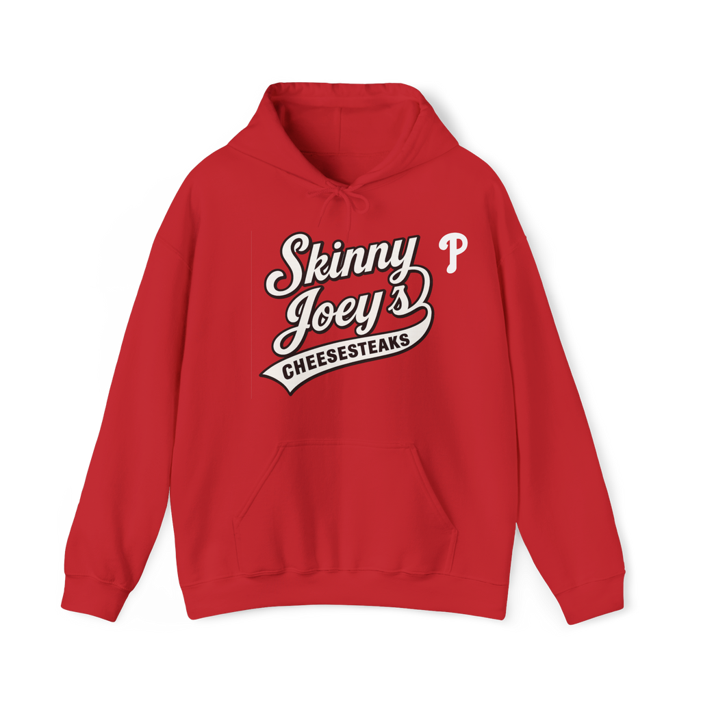 Red hoodie with 'Skinny Joey's Cheesesteaks' text on a white background