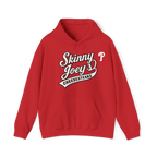 Red hoodie with 'Skinny Joey's Cheesesteaks' text on a white background