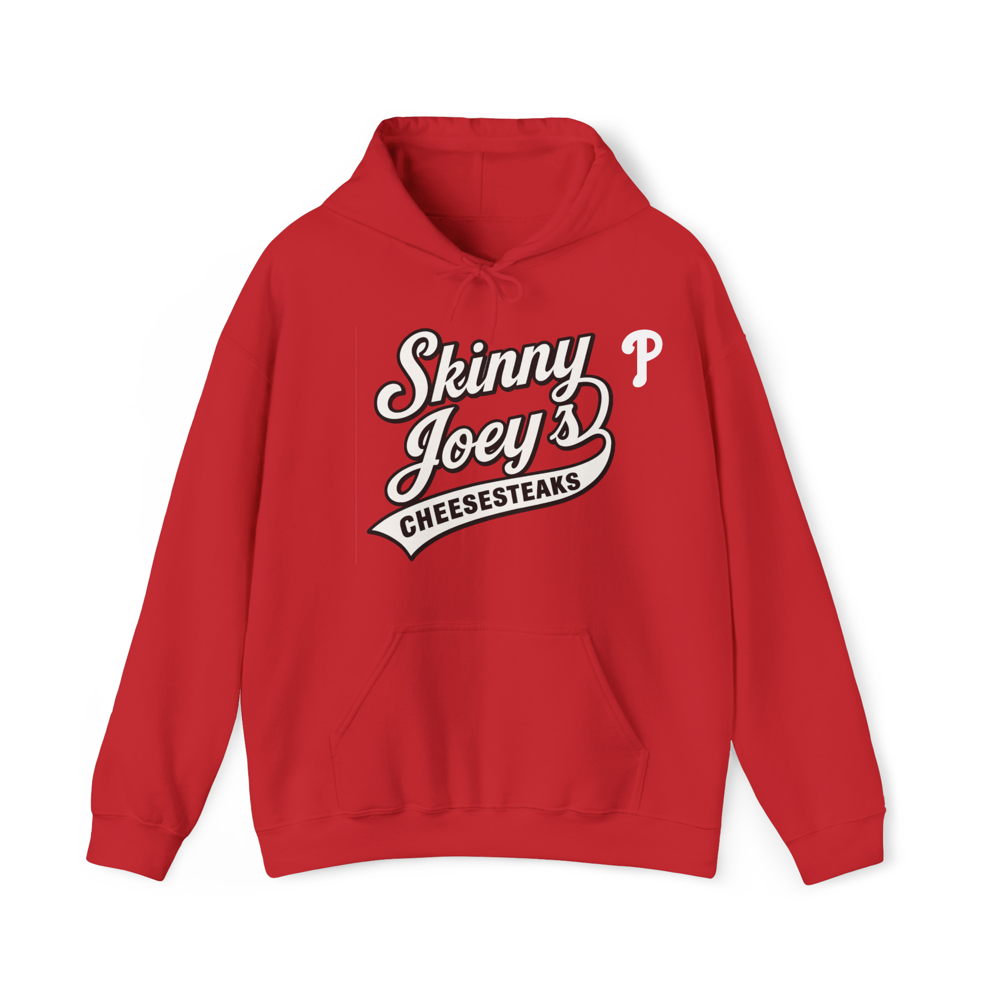 Red hoodie with 'Skinny Joey's Cheesesteaks' text on a white background