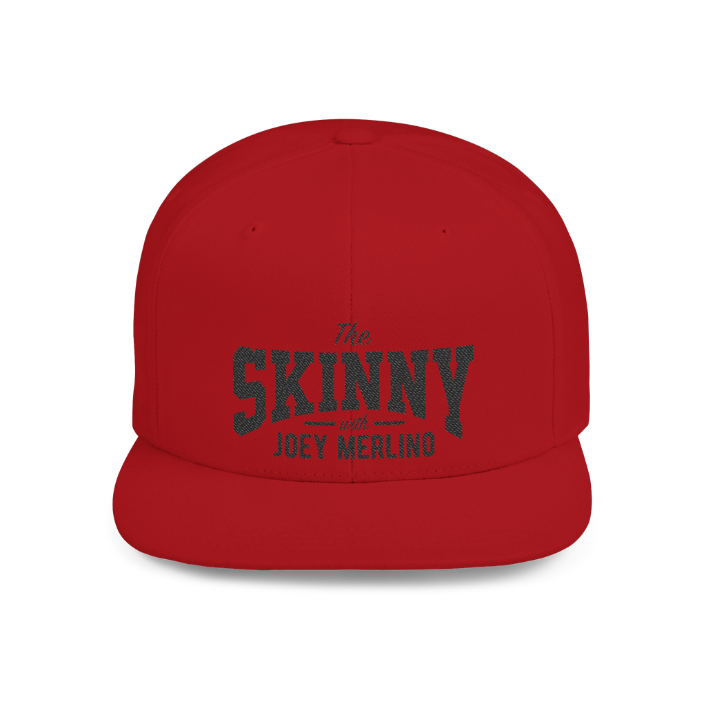 Red cap with 'The Skinny with Joey Merlin' text on a white background