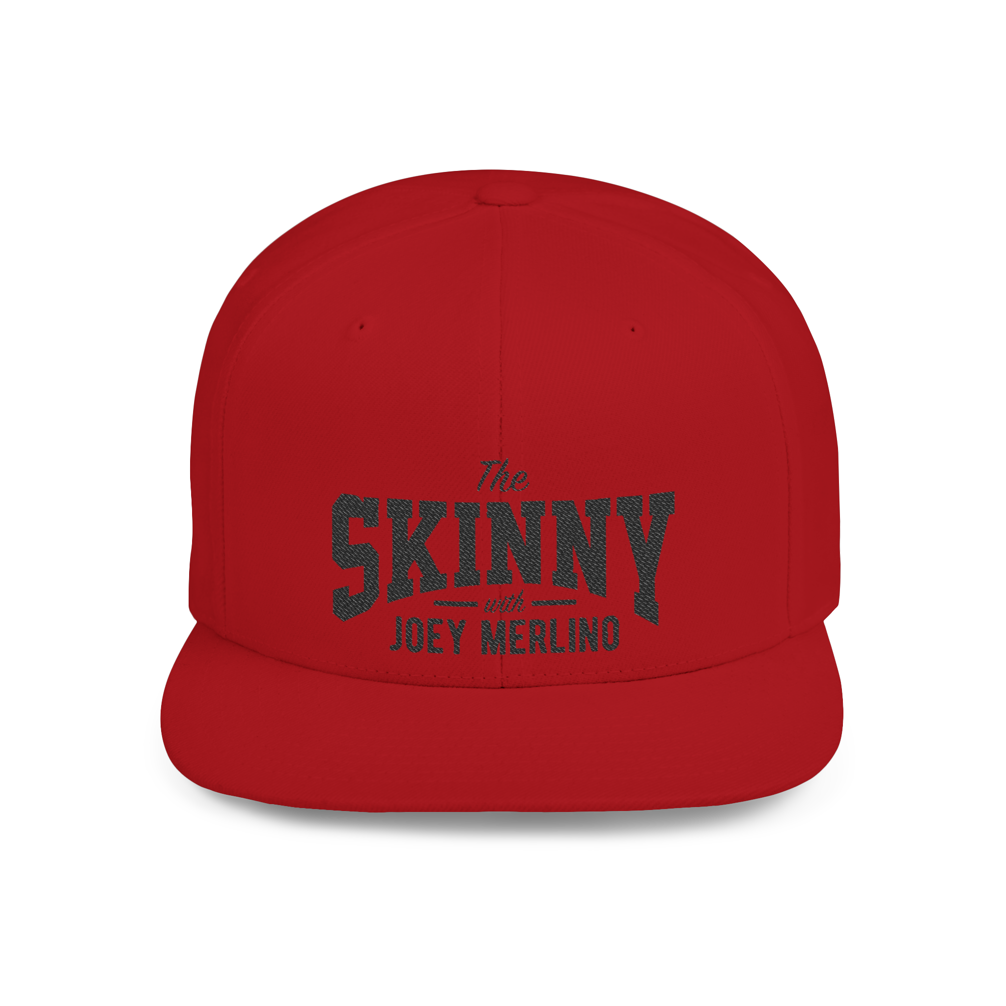 Red cap with 'The Skinny with Joey Merlin' text on a white background