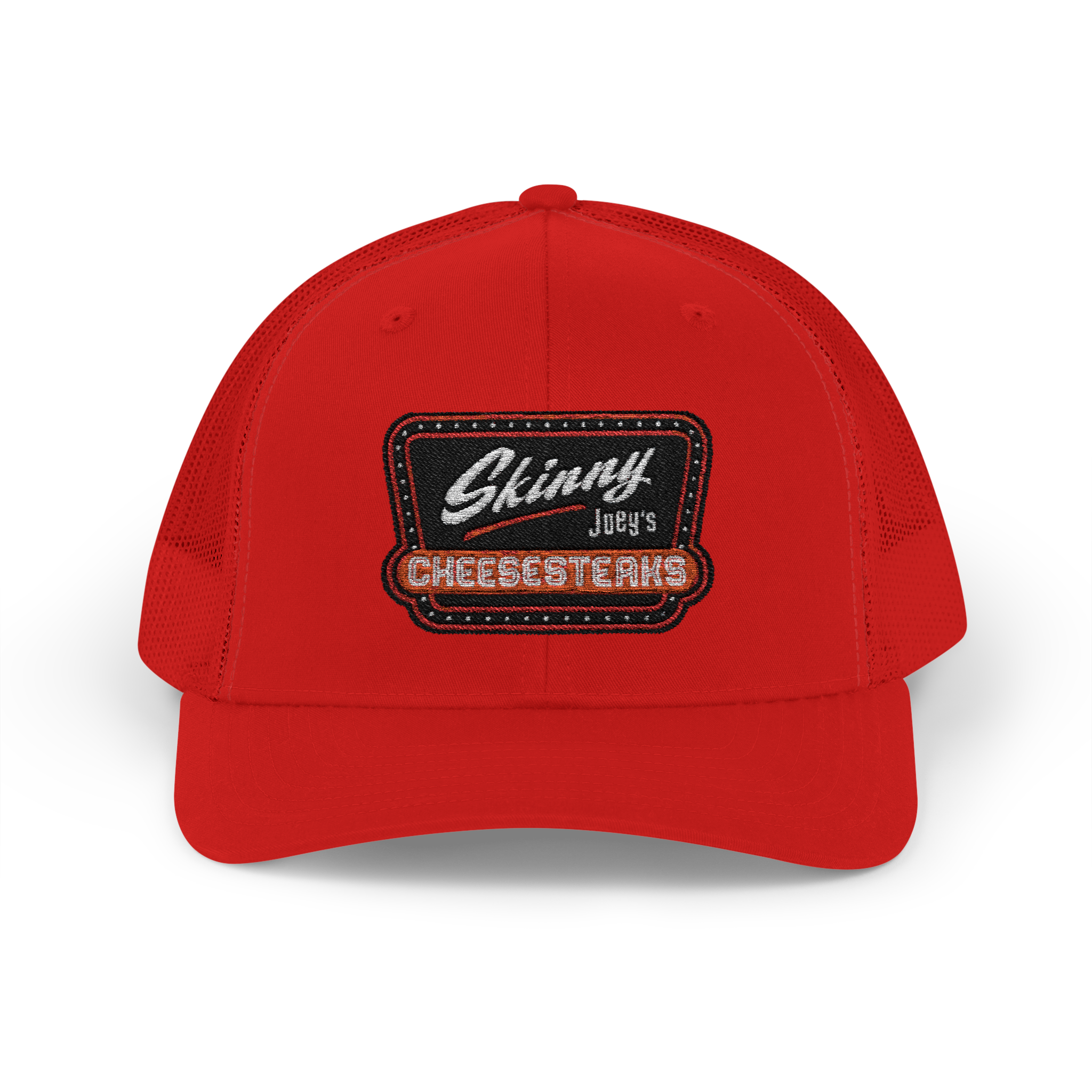 Red cap with 'Skinny Joey's Cheesesteaks' logo on a white background