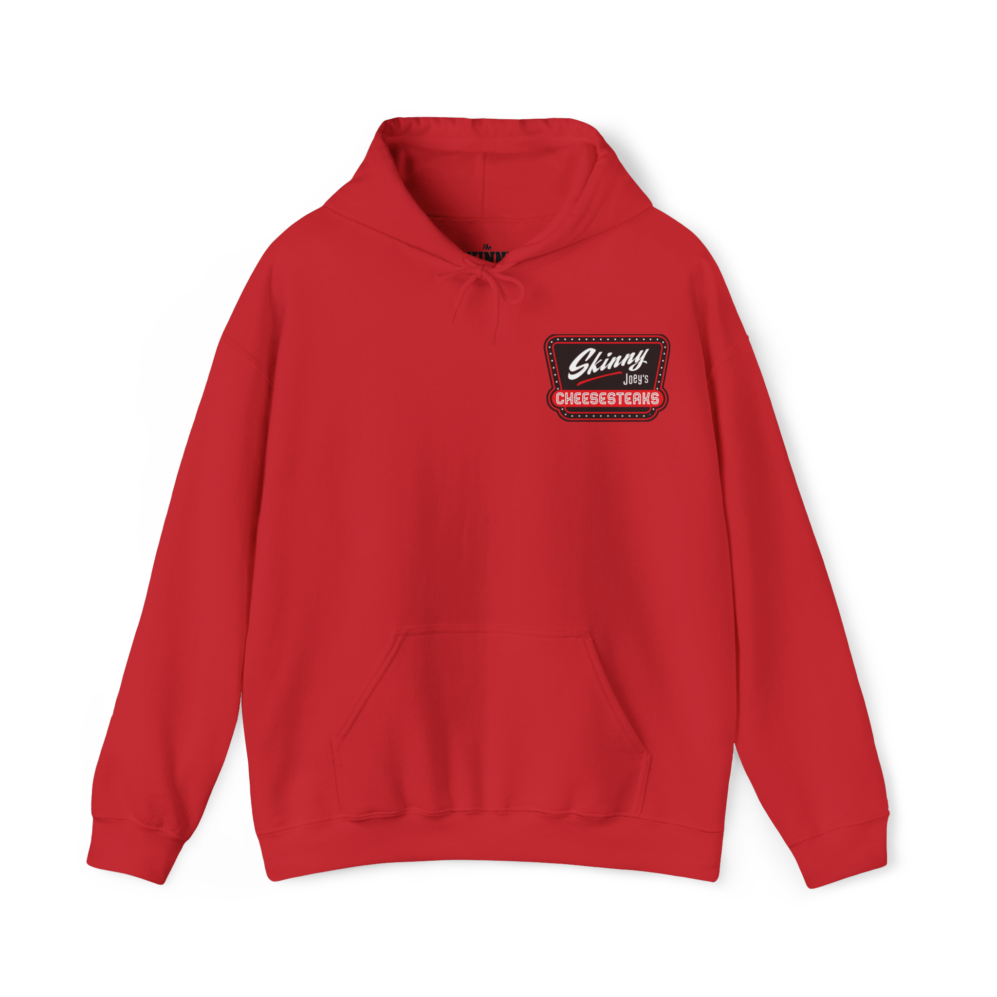 Red hoodie with a logo on the chest against a white background