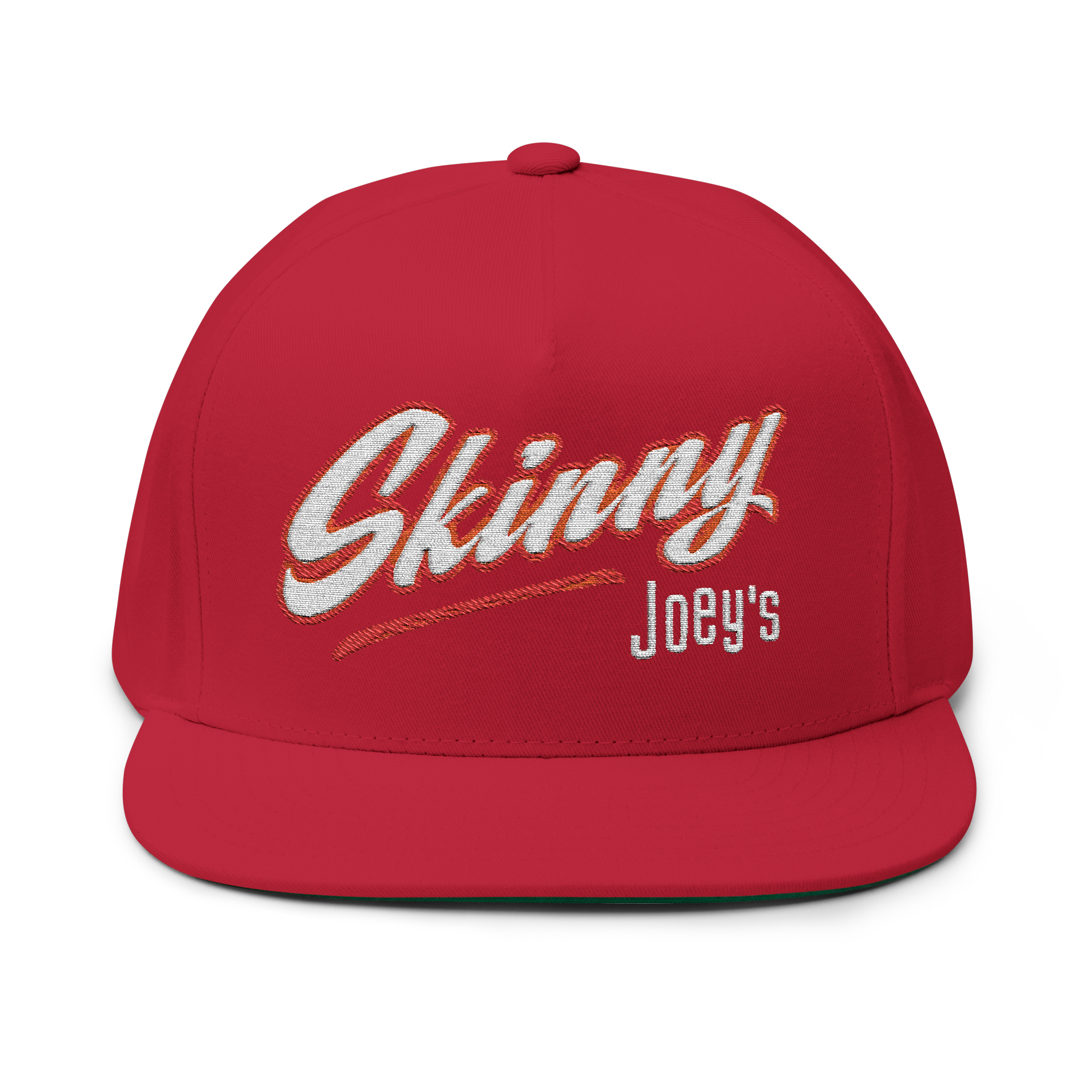 Red cap with 'Skinny Joey's' text on a white background