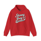 Red hoodie with 'Skinny Joey's Cheesesteaks' text on a white background