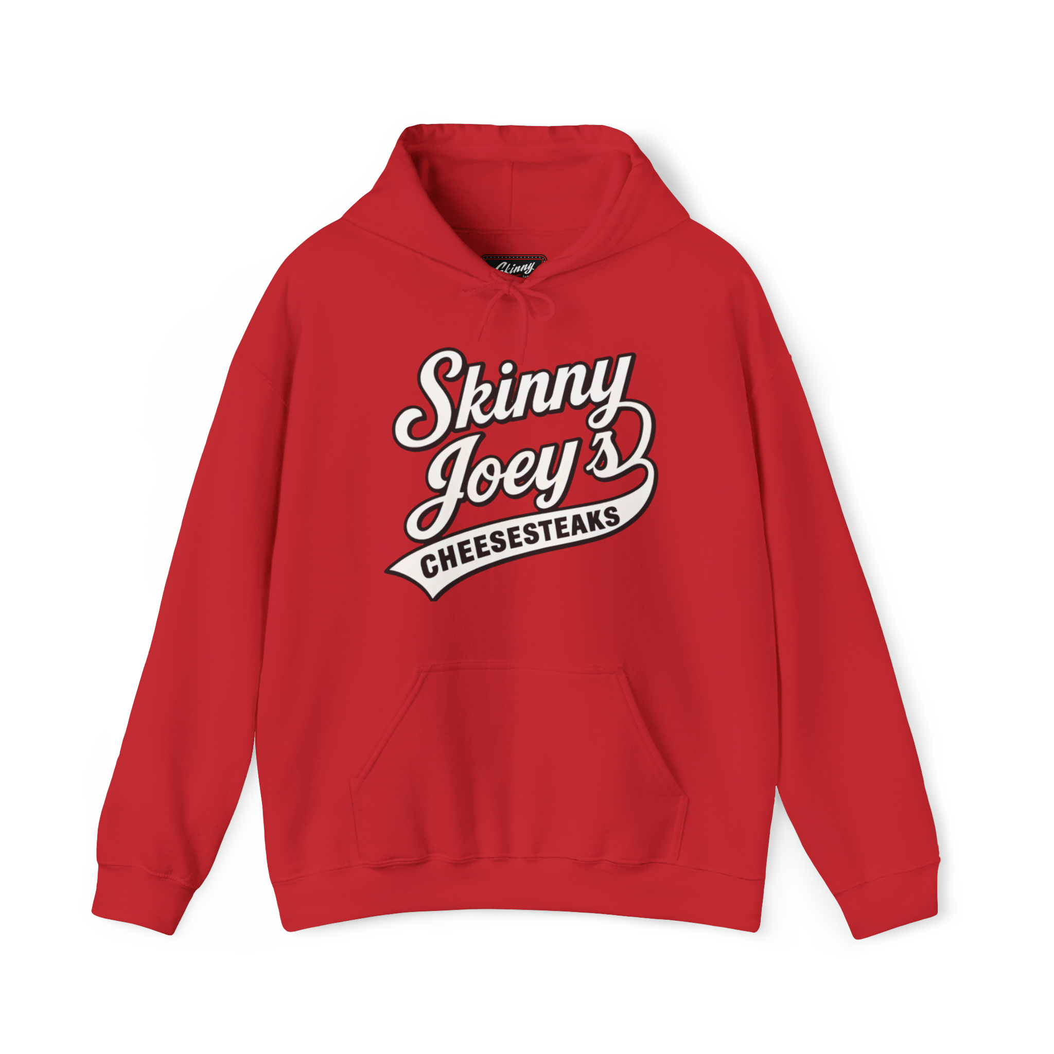 Red hoodie with 'Skinny Joey's Cheesesteaks' text on a white background
