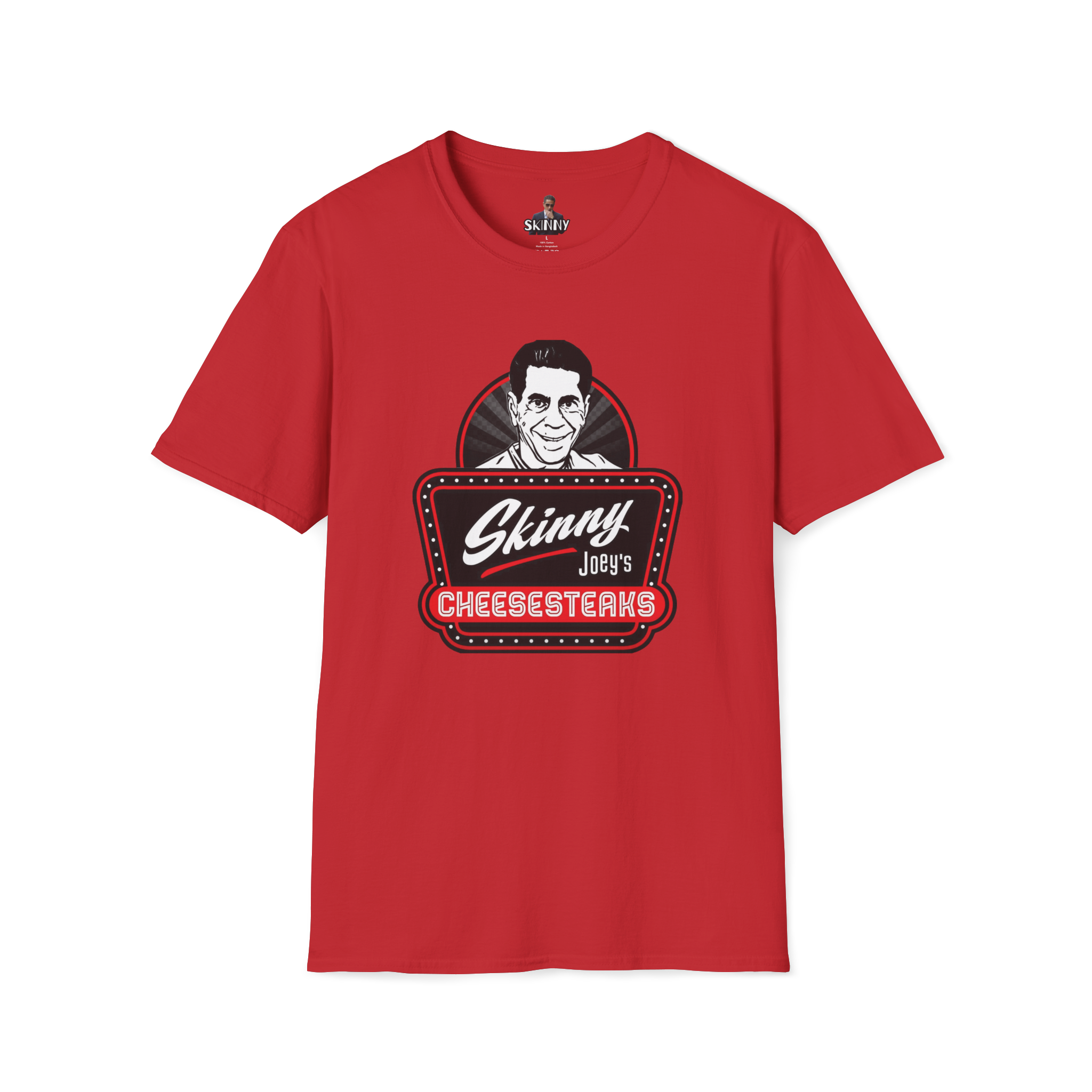 Red t-shirt with 'Skinny Joey's Cheesesteaks' graphic on a white background